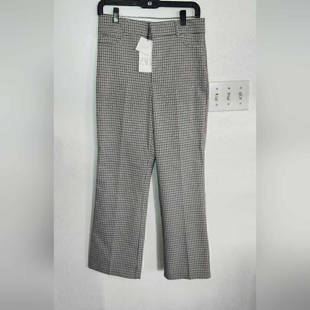 NWT Zara Plaid Beige And Black High Rise Flare Pants Size Large - Picture 2 of 13